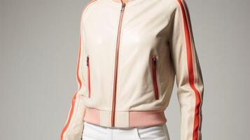 A bomber style leather jacket in creamy white, finished with a unique Peach Fuzz stripe down each sleeve for a unique look. photo