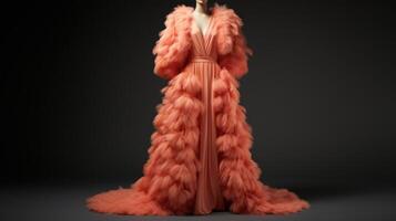 Minimalistic view of a statement coat featuring a mix of peach fuzz and feathers, creating a gl and eyecatching piece fit for a red carpet event. photo