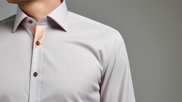 Minimalistic view of a modern mens business shirt in a light grey hue, finished with a stylish Peach Fuzz contrast trim along the collar and on placket. photo