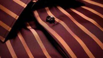 Closeup of a dapper mens shirt in a rich burgundy shade, adorned with slim Peach Fuzz stripes throughout for a sophisticated and formal feel. photo