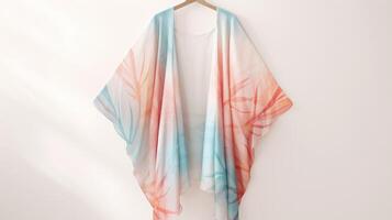 Minimalistic view of a flowy kimono in a dreamy Tropical print, with watercolorstyle Peach Fuzz palm leaves and splashes of vibrant pink and aqua. photo