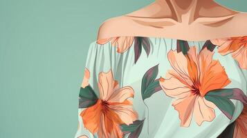 Minimalistic view of a breezy offtheshoulder top in a striking Tropical print, with oversized Hibiscus flowers in shades of Peach Fuzz, mint green, and lavender. photo