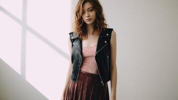 Minimalistic view of a velvet slip dress layered with a leather jacket and combat boots. The Peach Fuzz highlights add a touch of punk rock to the feminine outfit. photo