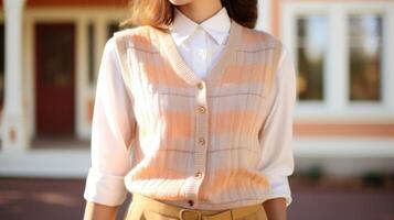 Closeup of a Peach Fuzz sweater vest styled over a white collared shirt and paired with a Peach Fuzz plaid skirt, creating a chic and coordinated look. photo