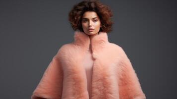 Minimalistic view of a striking cape made entirely of soft peach fuzz, adding a bold and unexpected texture to the overall look. photo