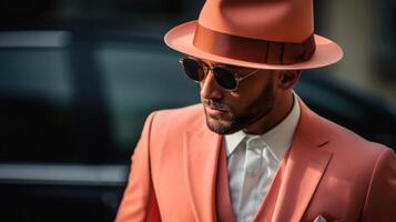 Minimalistic view of a man donning a Peach Fuzz fedora, a musthave accessory for any gentleman during the Gatsby era. photo