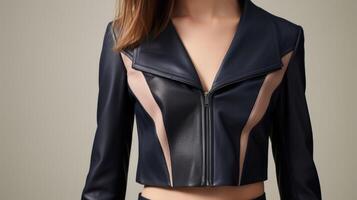 A cropped leather jacket in a deep navy hue, featuring delicate Peach Fuzz panels that add a touch of texture and luxury. photo