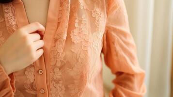 Closeup of a Peach Fuzz lace blouse, with a delicate lace collar and lace sleeves for a soft and romantic feel. photo