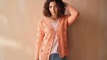 Minimalistic view of a Peach Fuzz lace cardigan, accented with crochet lace detailing and a soft lace hemline for a feminine touch. photo