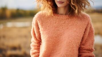 Closeup of a Peach Fuzz sweater, a cozy and versatile piece for layering in the colder months. photo
