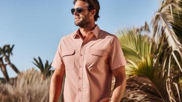 Minimalistic view of a Peach Fuzz safari shirt, made with moisturewicking fabric to keep you cool and dry on your journey. photo