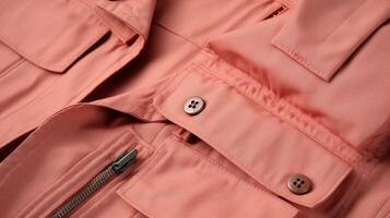 Closeup of a sleek, Peach Fuzz safari jacket with multiple pockets for convenient storage onthego. photo