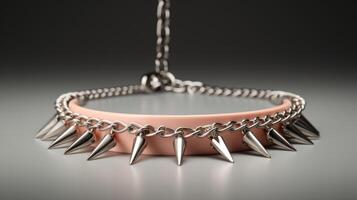 Minimalistic view of a punk accessory, a Peach Fuzz colored chain necklace with spikes and safety pins. photo