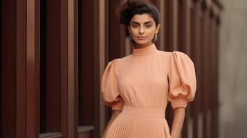 Minimalistic view of a Peach Fuzz jumpsuit, featuring a high neckline and billowy sleeves, perfect for a modest and fashionforward outfit. photo