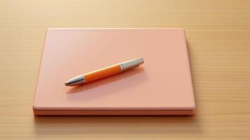 Closeup of a carefully arranged minimalistic desk, featuring a Peach Fuzz colored notebook and pen. photo