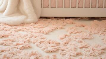 Closeup of a soft Peach Fuzz rug with intricate floral patterns, adding a cozy and feminine touch to the nursery. photo