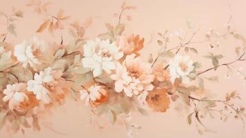 A tranquil and inviting scene with a Closeup of a soft pastel Peach background, featuring gorgeous floral patterns and delicate gold accents. photo