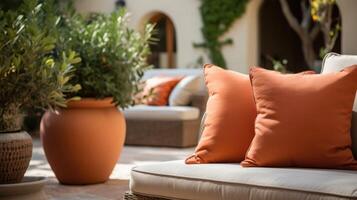 Closeup of a cozy yet sophisticated Mediterranean terrace with Peach Fuzz cushions and terracotta urns for a timeless look. photo