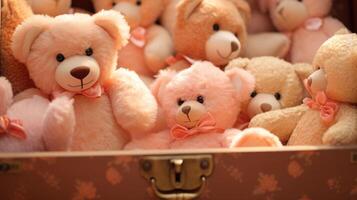 Closeup of a vintage toy chest in Peach Fuzz, filled with plush toys and cuddly teddy bears. photo