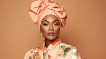 Minimalistic view of a Peach Fuzz headwrap, adorned with a bold floral print and styled with a neutraltoned modest dress for a stylish and modest ensemble. photo