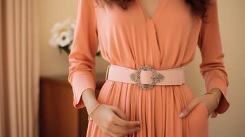 Closeup of a Peach Fuzz maxi cardigan, layered over a matching dress and accessorized with a statement belt for a modest and trendy look. photo