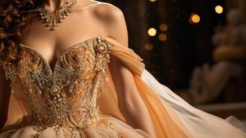 Closeup of a regal queens gown in shades of gold and Peach Fuzz, featuring a dramatic train and embellished with pearls and sparkling gems. photo
