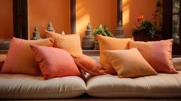 Closeup of a private meditation enclave, furnished with luxurious Peach Fuzzcolored cushions and bolsters. photo