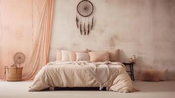 Minimalistic view of a bohemianchic bedroom, with Peach Fuzz curtains framing a dreamcatcher above the bed. photo