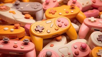 Closeup of a collection of Peach Fuzzcolored retro game controllers, from the bulky Nintendo 64 controller to the sleek Sega Genesis controller. photo