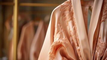 Closeup of a luxurious silk robe in a delicate peach fuzz color hanging on a vintage clothing rack, adding a touch of elegance to the classic French . photo