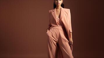 Minimalistic view of a minimalist yet eyecatching peach fuzz suit, with a cropped length and asymmetrical hemline for a highfashion aesthetic. photo