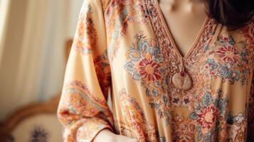 Closeup of a bohemianinspired Peach Fuzz shift dress, adorned with a mix of paisley and floral patterns, for a relaxed and effortless summer style. photo