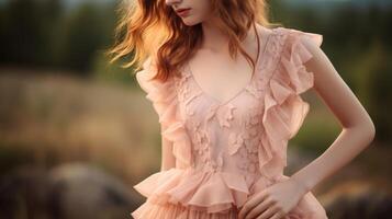 Closeup of a lightweight Peach Fuzz s with cascading ruffles and a crochet lace bodice, ideal for a breezy summer day. photo