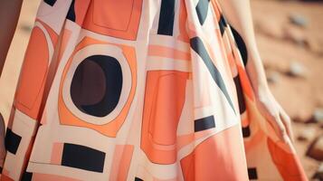 Closeup of a vintageinspired Peach Fuzz skirt with a playful, retro print of bold geometric shapes and a full, swingy silhouette. photo