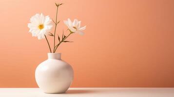 Closeup of a simple and elegant Peach Fuzz colored vase, holding a single white flower for a minimalist touch. photo