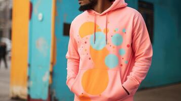 Minimalistic view of a Peach Fuzz graphic hoodie, featuring a bold design and eyecatching color. photo