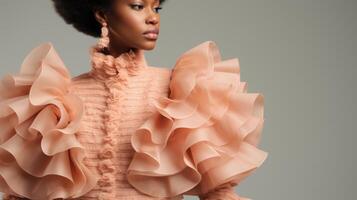 Closeup of a fashionforward suit in a peach fuzz color, featuring bold ruffles and voluminous sleeves for a statementmaking look. photo