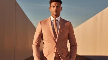 Minimalistic view of a sleek and modern suit in a muted peach fuzz hue, with edgy architectural detailing and a structured silhouette. photo