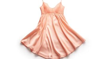 Minimalistic view of a Peach Fuzz satin chemise, with delicate lace inserts and a flattering empire waist. photo