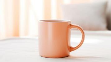 Closeup of a Peach Fuzz colored coffee mug on a plain white table, creating a serene and calming atmosphere. photo