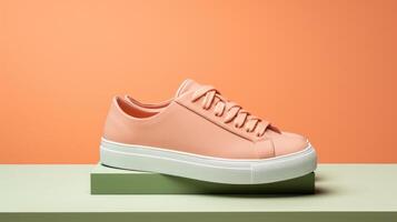 Minimalistic view of a pair of Peach Fuzz colored sneakers, made from vegan leather and recycled rubber. These shoes prove that fashion and sustainability can go hand in hand. photo