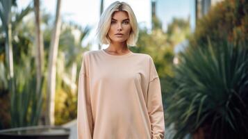 Minimalistic view of a Peach Fuzz sweatshirt dress, combining streetwear style with a feminine touch for a chic and effortless look. photo