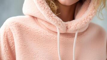 Closeup of a Peach Fuzz hooded sweatshirt, with a slightly cropped length and trendy raw edge details. photo