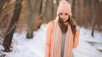 Minimalistic view of a cable knit Peach Fuzz scarf, adding a pop of warmth and color to a winter outfit. photo