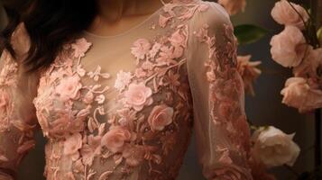 Up close shot of a daring twopiece suit set in a playful peach fuzz shade, adorned with shimmering beading and intricate embroidery. photo