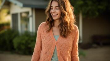 Closeup of a Peach Fuzz cardigan, featuring intricate diamond patterns and the perfect layering piece for chilly days. photo