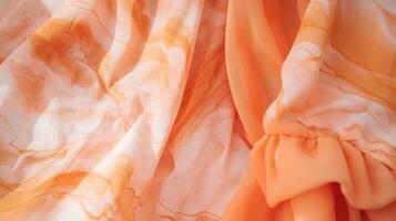 Closeup of a Peach Fuzz jumpsuit, made from upcycled fabric ss and featuring a unique, handdyed pattern. A oneofakind piece for the conscious fashionista. photo