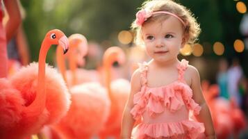 Closeup of a Peach Fuzz romper adorned with e flamingo appliques, perfect for a sunny day at the park. photo