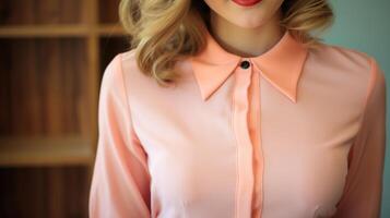 Closeup of a sleek and professional outfit featuring a Peach Fuzzcolored blouse with a statement collar paired with a fitted pencil skirt. photo