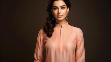 Minimalistic view of a Peach Fuzz colored salwar kameez, with a traditional mandarin collar and modern outs on the sleeves. photo